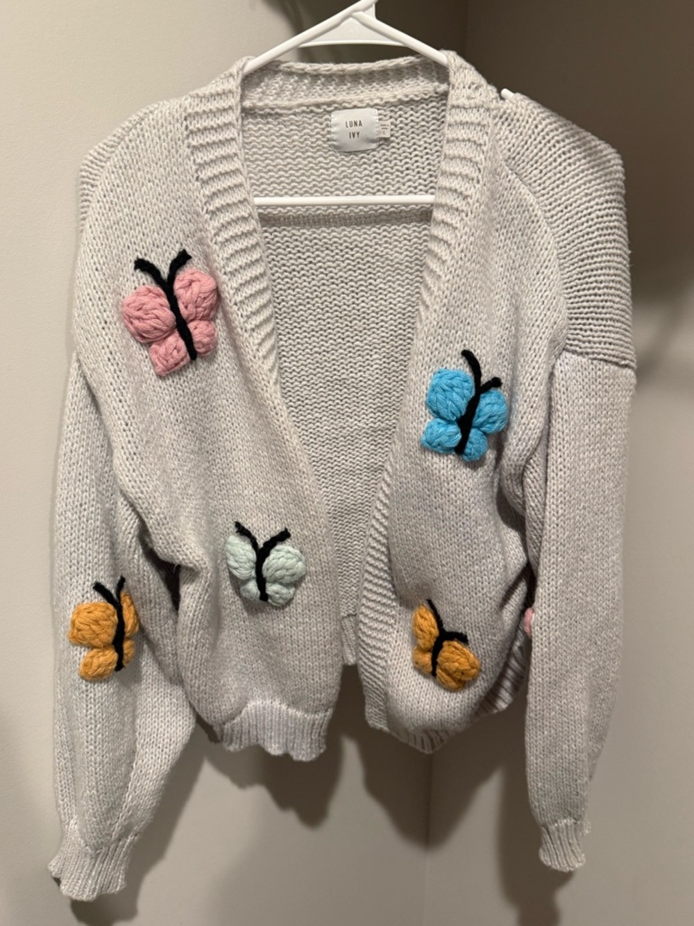 Luna Ivy White Open Knit Cardigan with Multicolor Butterfly Motifs